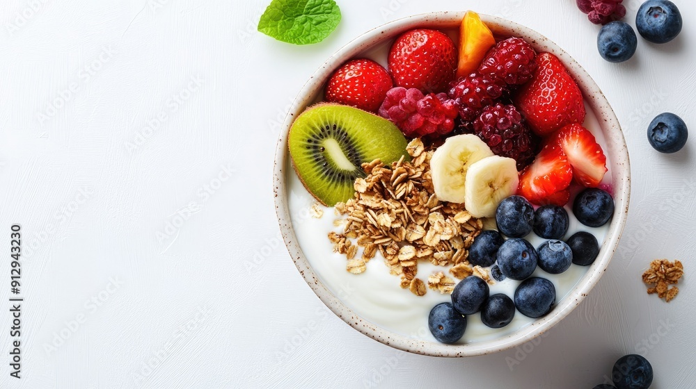 Top-down view of a wholesome breakfast bowl with Greek yogurt, granola, and colorful mixed fruits on a white background Top-down view of a wholesome breakfast bowl with Greek yogurt, granola, and colorful mixed fruits on a white background