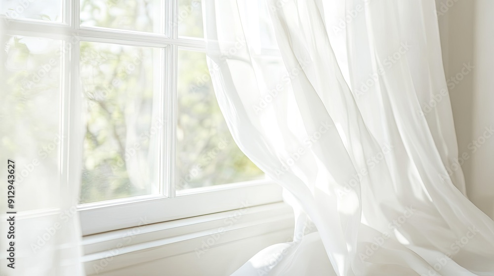White curtains blowing softly in the breeze from an open window, captured up close for a fresh, airy feel White curtains blowing softly in the breeze from an open window, captured up close for a fresh, airy feel
