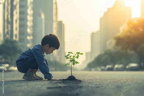 Fototapeta Naklejka Na Ścianę i Meble -  Green future concept, young boy planting a small tree sprout on a city street symbolizing hope for a green future generation