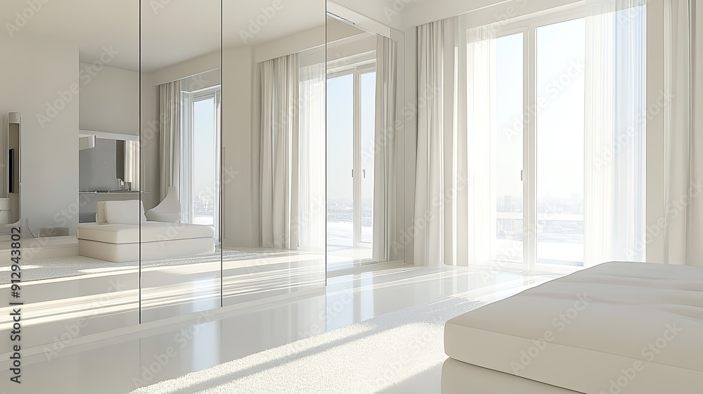 White wardrobe with mirrored doors in a contemporary interior setting White wardrobe with mirrored doors in a contemporary interior setting
