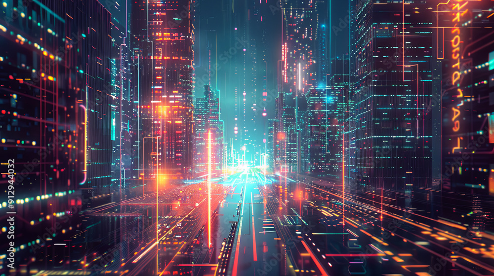 Obraz premium Futuristic night city with digital elements glowing city smart city technology innovation digital transformation