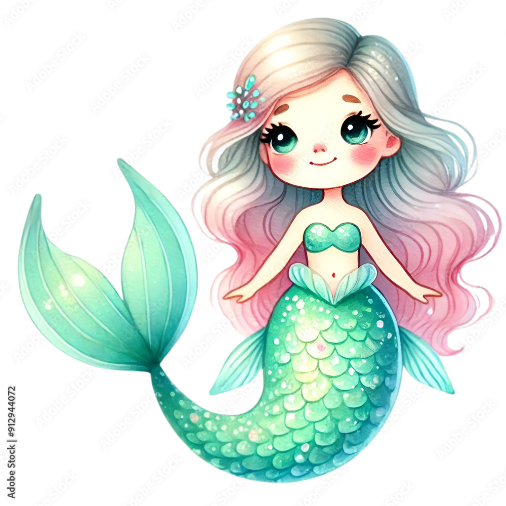 Adorable mermaid with flowing pastel pink and blue hair, a green tail, and a sweet expression, illustrated in a kawaii style. Adorable mermaid with flowing pastel pink and blue hair, a green tail, and a sweet expression, illustrated in a kawaii style.