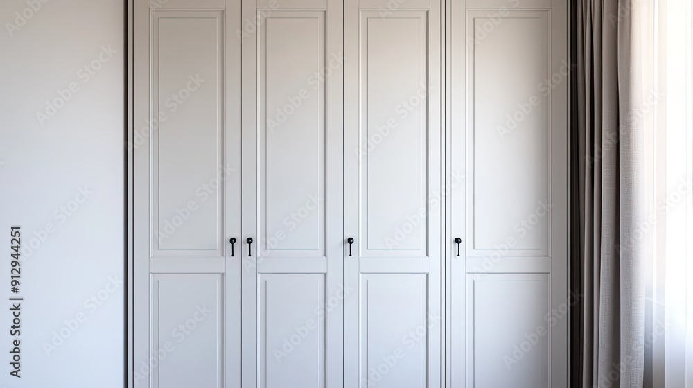White wardrobe with sleek handles and a clean, organized interior White wardrobe with sleek handles and a clean, organized interior