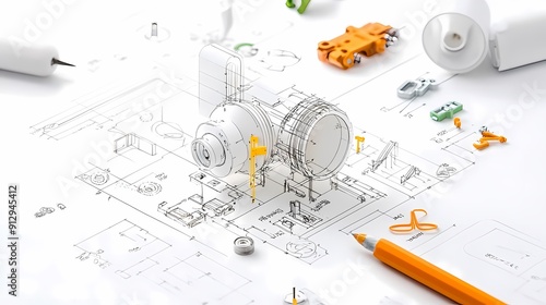 Technical drawing featuring mechanical components, tools, and a design layout for engineering projects and innovations.