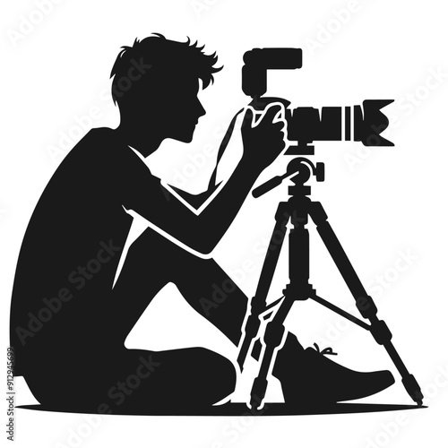 Black and white vector silhouette of a cameraman isolated on white background