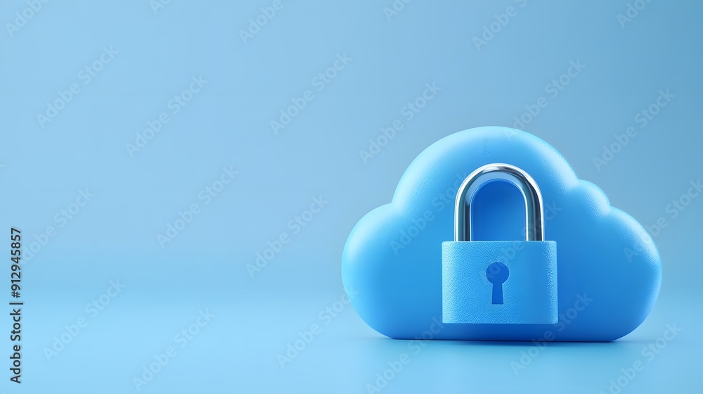 3D rendering of a blue cloud icon secured with a padlock, symbolizing cloud security and data protection against cyber threats. 3D rendering of a blue cloud icon secured with a padlock, symbolizing cloud security and data protection against cyber threats.