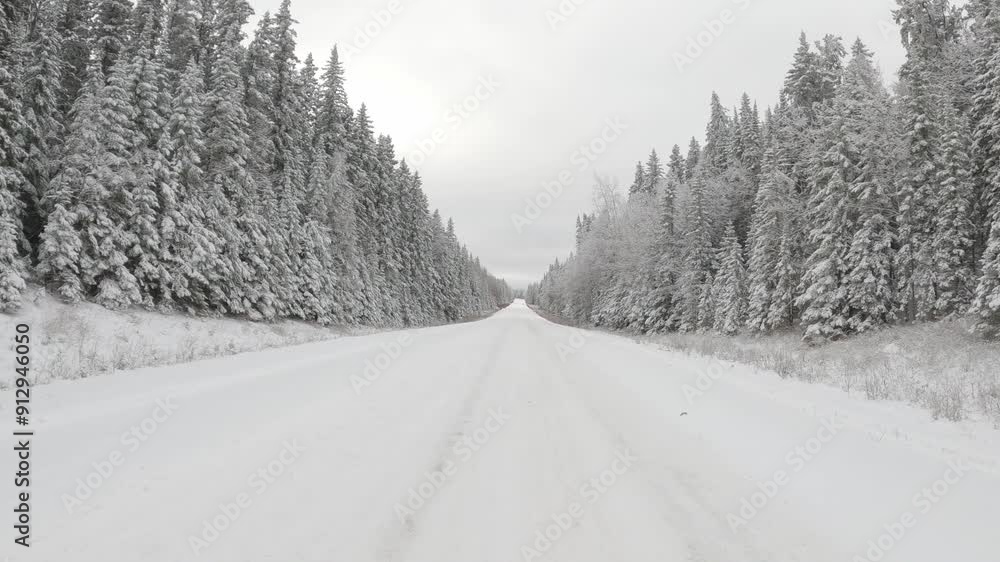 Driving along a snow covered park road that passes through a snowy evergreen forest. The sky is filled with light gray clouds.
Driving along a snow covered park road that passes through a snowy evergreen forest. The sky is filled with light gray clouds.