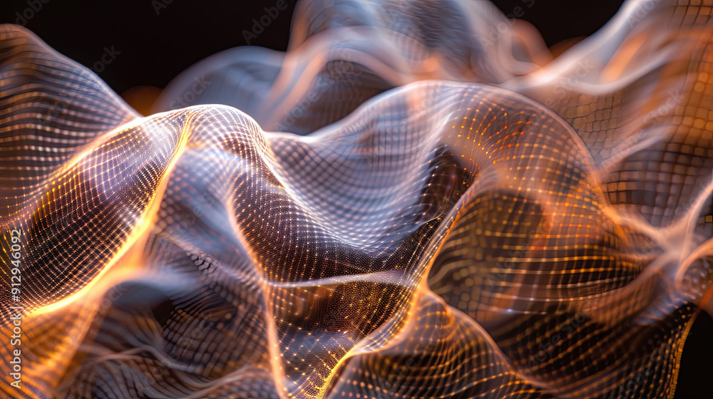 Fototapeta premium Abstract wave background digital data structure gold particles flow analysis and transmission futuristic network connection on black backdrop