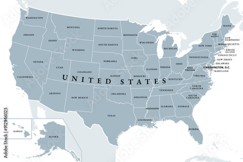 United States of America, gray political map. Fifty single states with their own geographic territories and borders, bound together in a union and federal government, with the capital Washington, D.C.