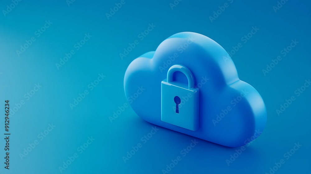 3D rendering of a cloud icon with a lock, representing data security and protection in cloud computing. Blue background. 3D rendering of a cloud icon with a lock, representing data security and protection in cloud computing. Blue background.