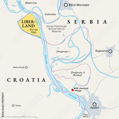Free Republic of Liberland, political map, with ARK Liberland Village near Apatin. Micronation in Europe claiming uninhabited parcel of land Gornja Siga on Danube, disputed between Croatia and Serbia.