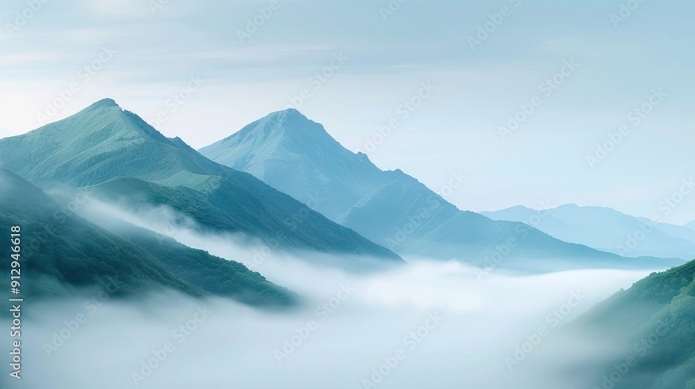 Misty mountain peaks rise above a sea of clouds. Misty mountain peaks rise above a sea of clouds.