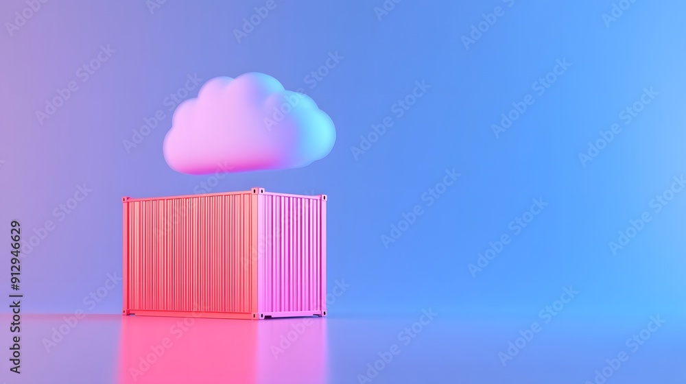 3D rendering of a pink container with a cloud hovering above, set against a pastel gradient background. Symbolizes cloud storage. 3D rendering of a pink container with a cloud hovering above, set against a pastel gradient background. Symbolizes cloud storage.