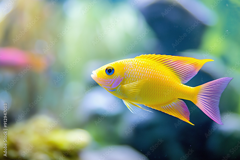 A vibrant yellow fish swimming in an aquarium, showcasing the beauty of aquatic life. A vibrant yellow fish swimming in an aquarium, showcasing the beauty of aquatic life.
