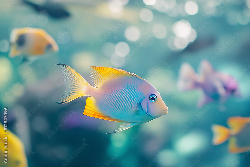 Naklejka premium A colorful fish swimming gracefully in an aquarium, with a blurred background of other fish and aquatic plants, symbolizing beauty and tranquility.
