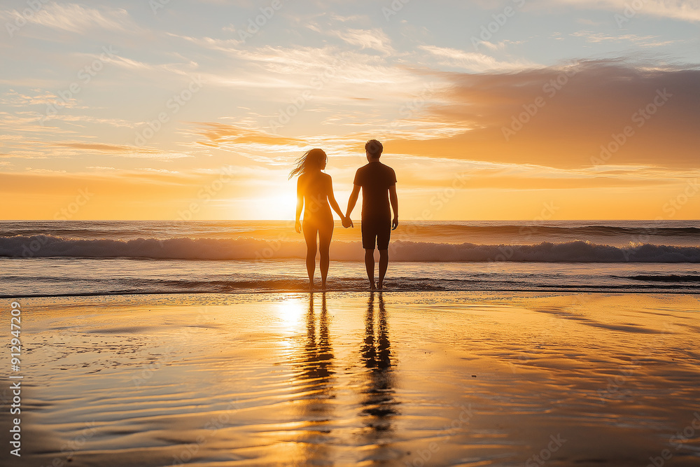 A couple holding hands while walking on the beach at sunset, with the golden light reflecting on the water, representing romance and togetherness. A couple holding hands while walking on the beach at sunset, with the golden light reflecting on the water, representing romance and togetherness.