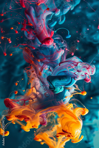 Colorful ink swirling in water creating a mesmerizing abstract pattern with vibrant hues and flowing shapes.