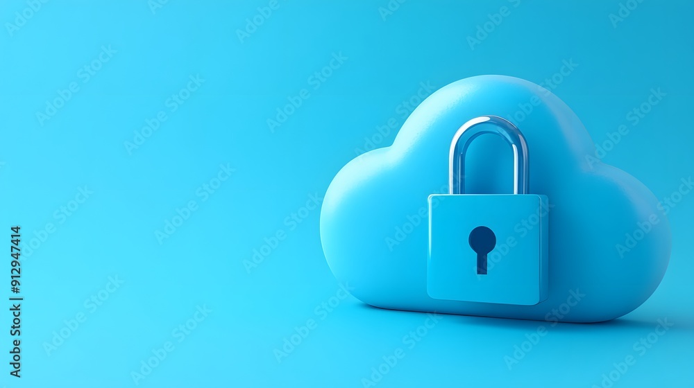 A blue cloud icon with a padlock representing cloud security, data protection, and internet safety on a blue background. A blue cloud icon with a padlock representing cloud security, data protection, and internet safety on a blue background.