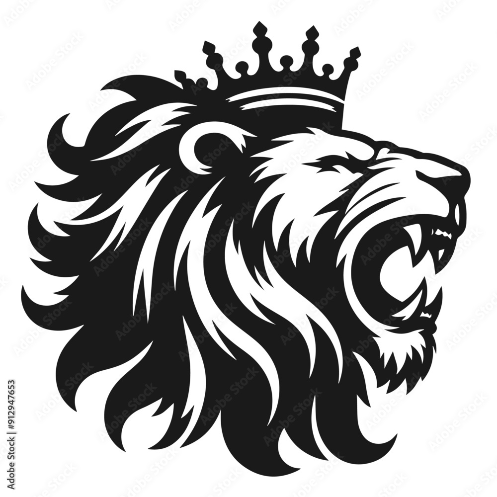 Black and white vector silhouette of a Lion face isolated on white background