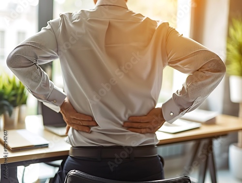 Man suffering from back pain in office chair. photo