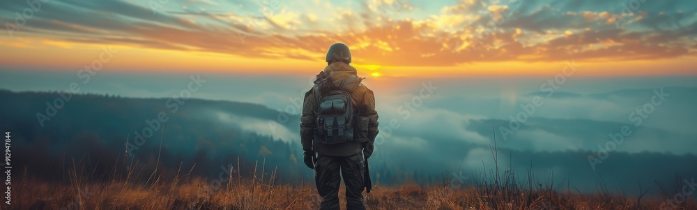 Man standing on a hill looking at the sunset, Soldier returns, Banner, Copy space Man standing on a hill looking at the sunset, Soldier returns, Banner, Copy space