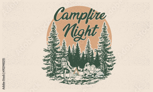 Camp night. Summer camp artwork. Mountain adventure vintage print design for t shirt and others. National park graphic artwork for sticker, poster, background.	
