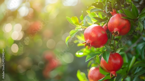 Red pomegranate on a tree, Pomegranate with green leaves