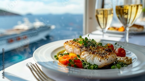 Gourmet seafood dish with wine on cruise ship