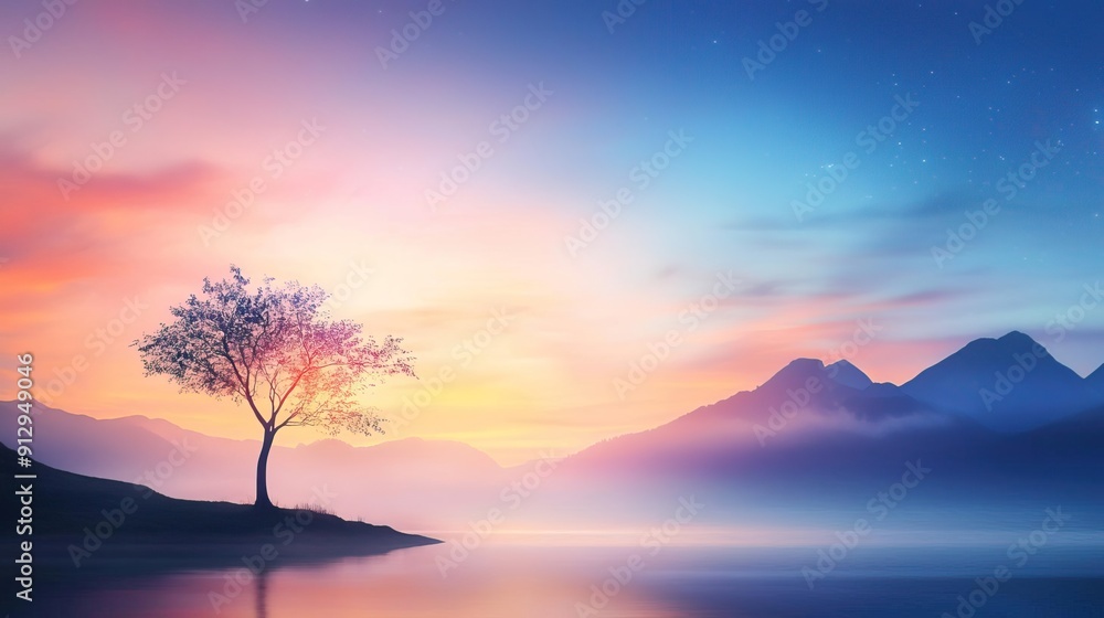 Single tree on a grassy meadow with a mountain range and blue sky in the background Single tree on a grassy meadow with a mountain range and blue sky in the background