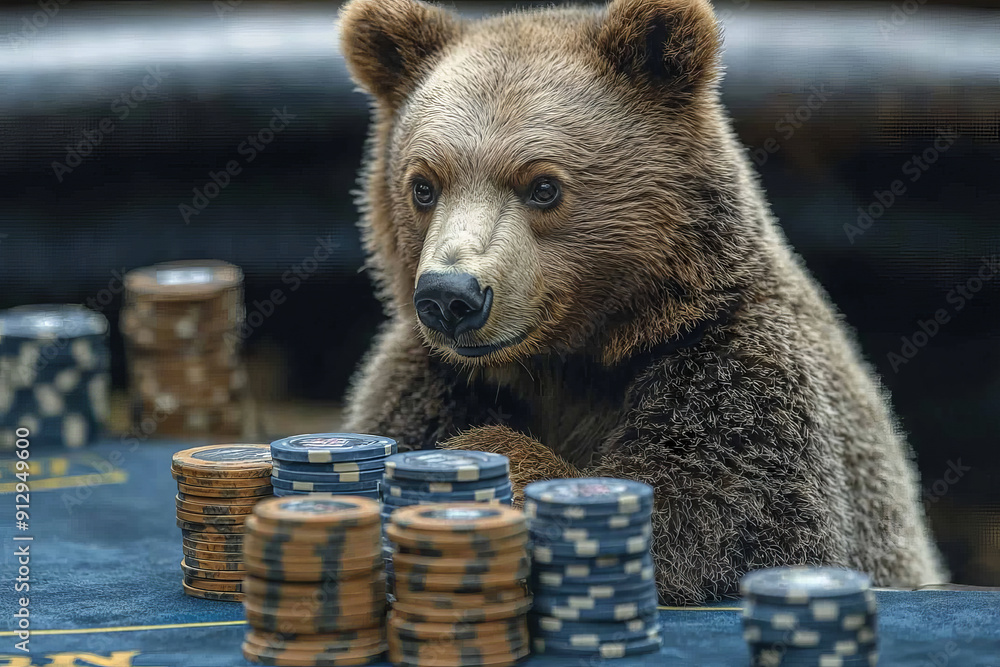 Obraz premium Animal Bear plays poker blackjack in a casino, fantasy