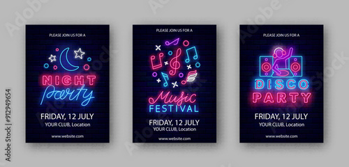 Disco show neon flyers collection. Night party. Music festival. Dj party night. Vertical posters. Evening performance banners. Glowing advertising. Shiny greeting cards. Vector stock illustration