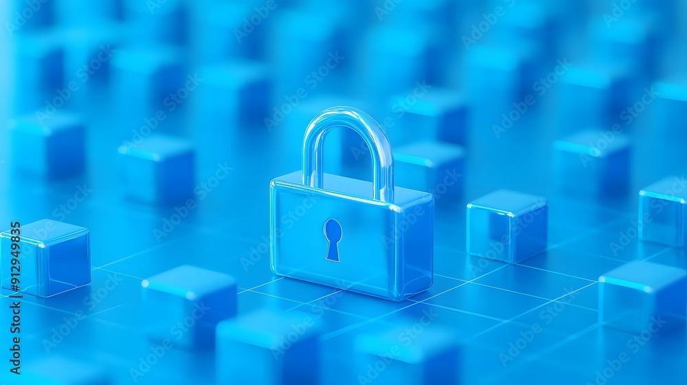 A digital padlock on a blue grid of blocks symbolizing data security and encryption in a secure network environment. A digital padlock on a blue grid of blocks symbolizing data security and encryption in a secure network environment.