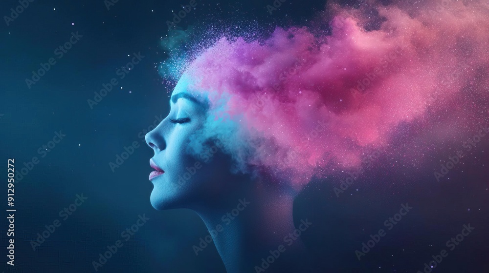 Abstract portrait of a woman with pink and blue powder explosion. Abstract portrait of a woman with pink and blue powder explosion.