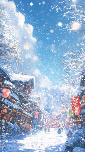 Frosty Festival: An Animated Snow Scene with a Festive Snow Parade Celebrating the Winter Season in Anime Style. photo