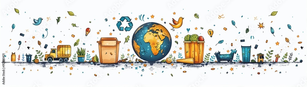 Naklejka premium Earth with ecofriendly transport and recycling symbols minimal icon flat white background space for Ad