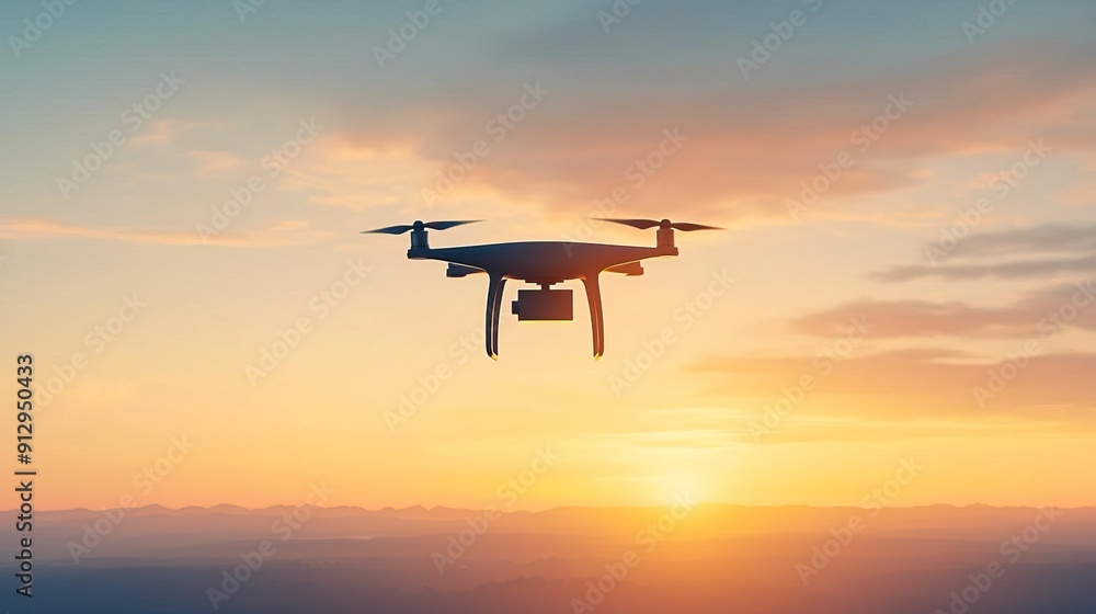 Drone flying against a vibrant sunset sky, capturing stunning aerial views. Drone flying against a vibrant sunset sky, capturing stunning aerial views.