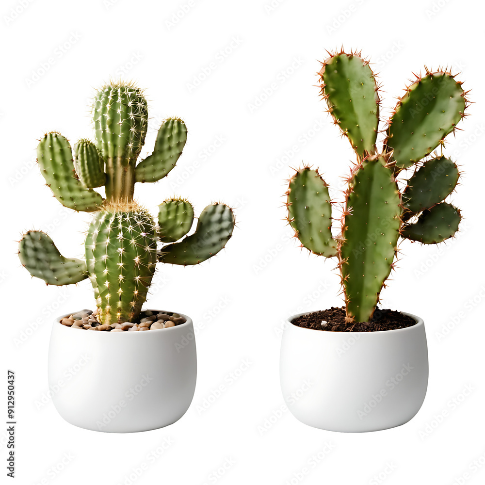 Two potted cacti, one with multiple arms and one taller, single stem variety. Isolated on a white background with a transparent PNG format for versatile use. Perfect for home decor, plant care, or de Two potted cacti, one with multiple arms and one taller, single stem variety. Isolated on a white background with a transparent PNG format for versatile use. Perfect for home decor, plant care, or de