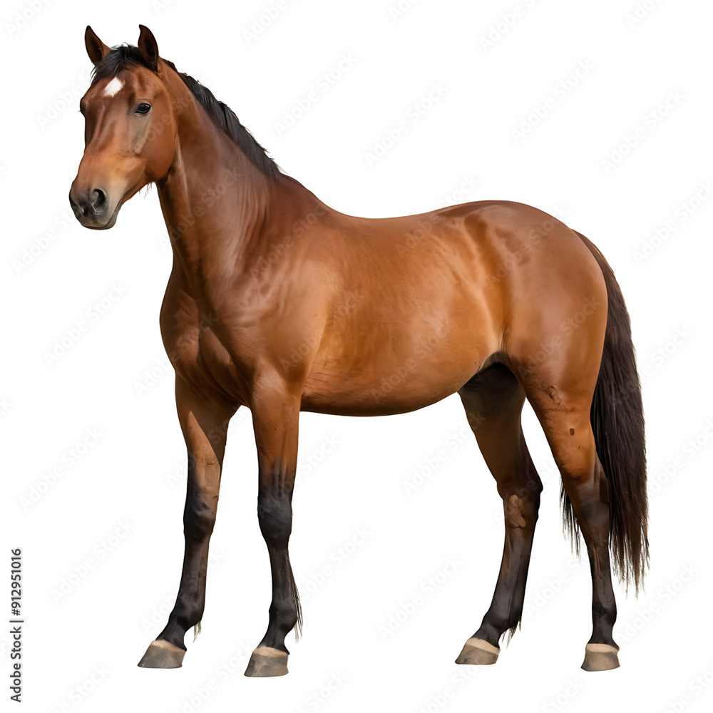 Obraz premium A bay horse with a black mane and tail stands alertly, its coat gleaming. Transparent PNG for easy isolation. Ideal for equestrian, nature, or design projects.
