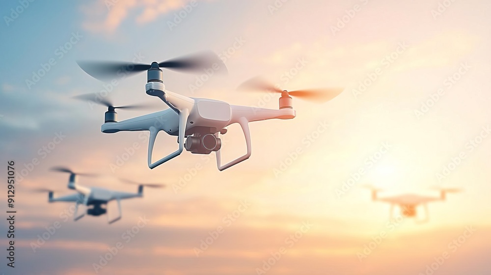 Drone flying against a vibrant sunset sky, capturing stunning aerial views. Drone flying against a vibrant sunset sky, capturing stunning aerial views.