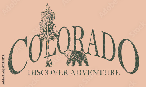 Colorado nation park. Mountain with tree retro vintage print design. the great outdoors. Bear artwork.