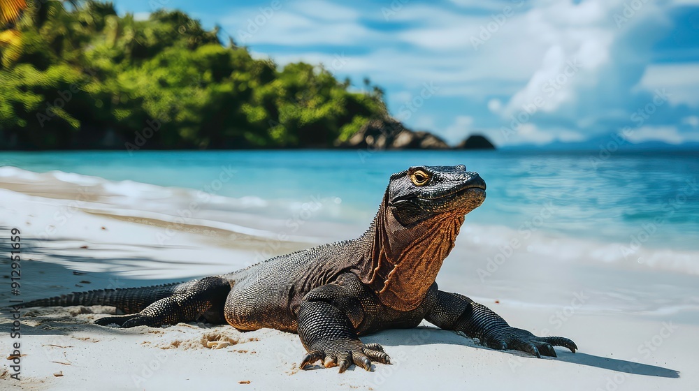 A Komodo dragon, with its black and gold scales, lies on a pristine white sandy beach. The dragon is facing the camera with its mouth closed and its eyes slightly open. A Komodo dragon, with its black and gold scales, lies on a pristine white sandy beach. The dragon is facing the camera with its mouth closed and its eyes slightly open.