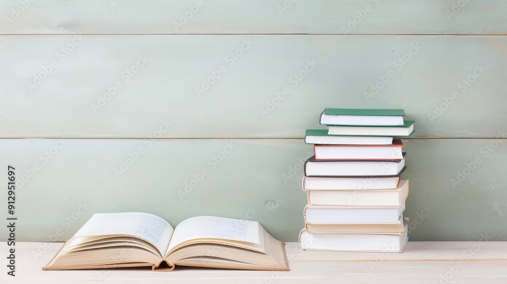 Open book and stack of books on a wooden table. Open book and stack of books on a wooden table.
