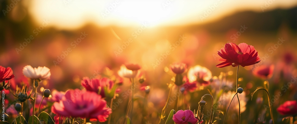 Flowers in the meadow. Magical flower meadow. Meadow flowers at sunset. Selective focus. AI generated Flowers in the meadow. Magical flower meadow. Meadow flowers at sunset. Selective focus. AI generated