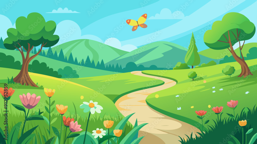 A lush green meadow with wildflowers, a winding path, and a butterfly fluttering. Vector landscape illustration A lush green meadow with wildflowers, a winding path, and a butterfly fluttering. Vector landscape illustration