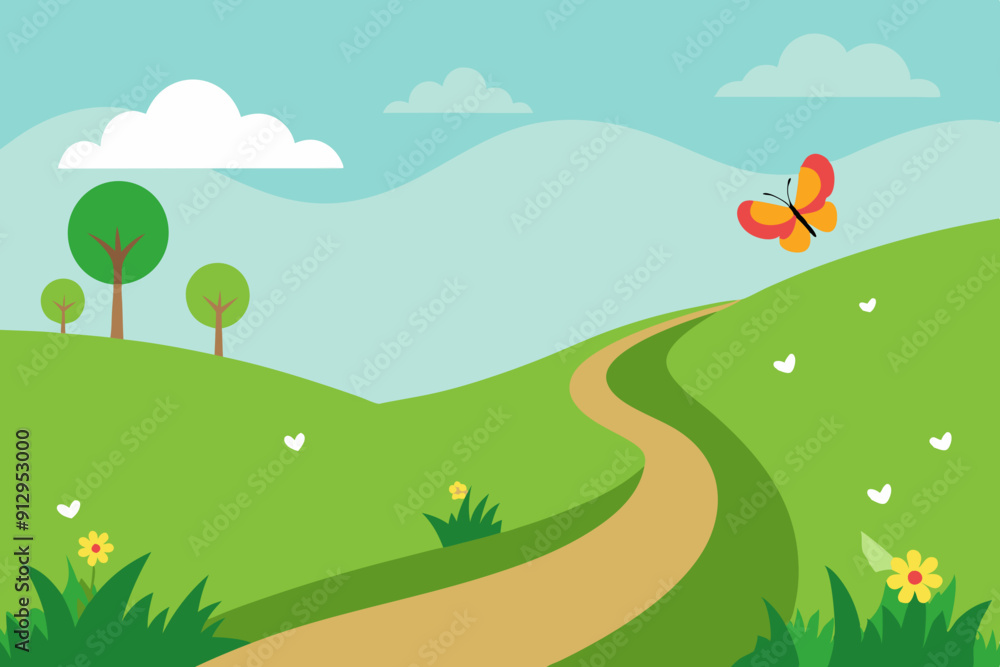 Fototapeta premium A lush green meadow with wildflowers, a winding path, and a butterfly fluttering. Vector landscape illustration