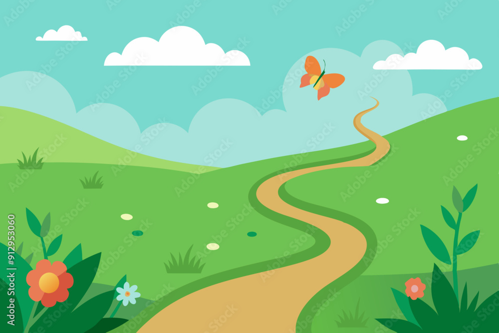 Fototapeta premium A lush green meadow with wildflowers, a winding path, and a butterfly fluttering. Vector landscape illustration