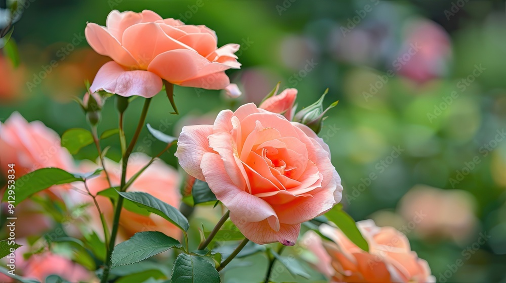 A bush with pink roses blooming in a summer garden. Illustration for cover, card, postcard, interior design, banner, poster, brochure or presentation. A bush with pink roses blooming in a summer garden. Illustration for cover, card, postcard, interior design, banner, poster, brochure or presentation.