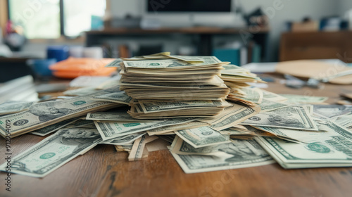 Large pile of cash in US dollar bills stacked on a wooden table in a cluttered room.