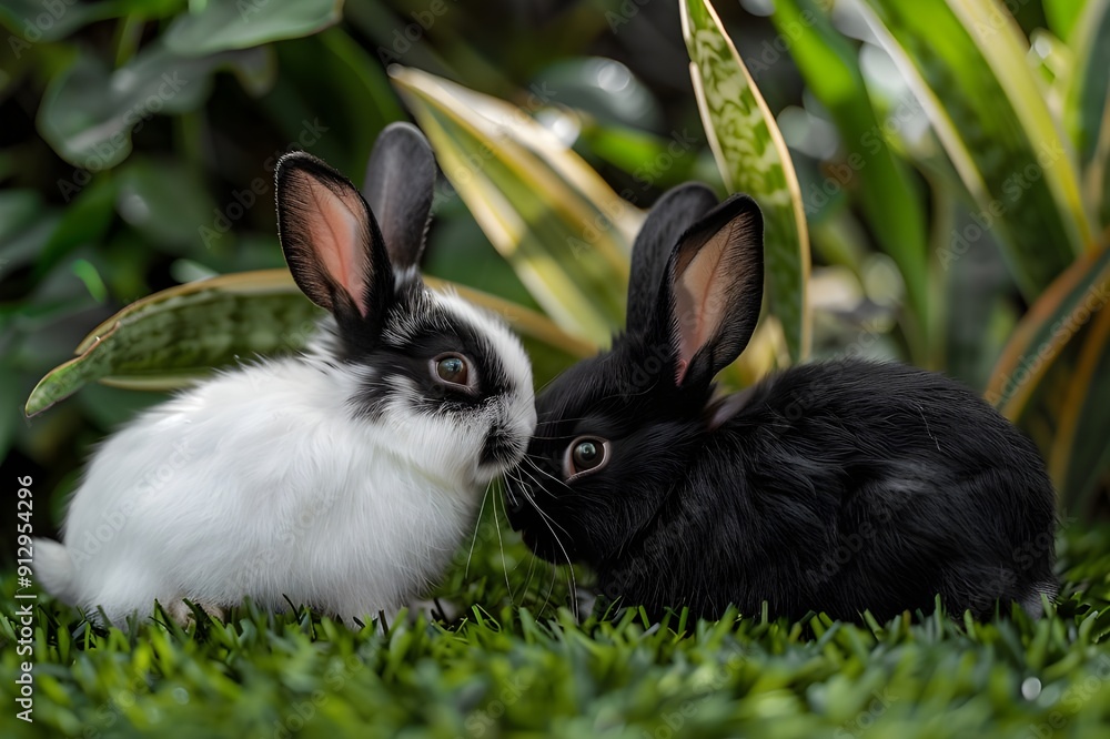 Two black and white rabbits are playing on the grass in sunlit, Black ...
