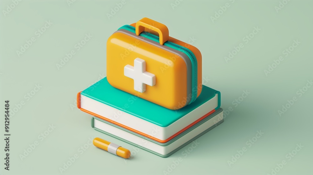 Creative Representation of a First Aid Kit on Stack of Books With a Yellow Capsule Creative Representation of a First Aid Kit on Stack of Books With a Yellow Capsule